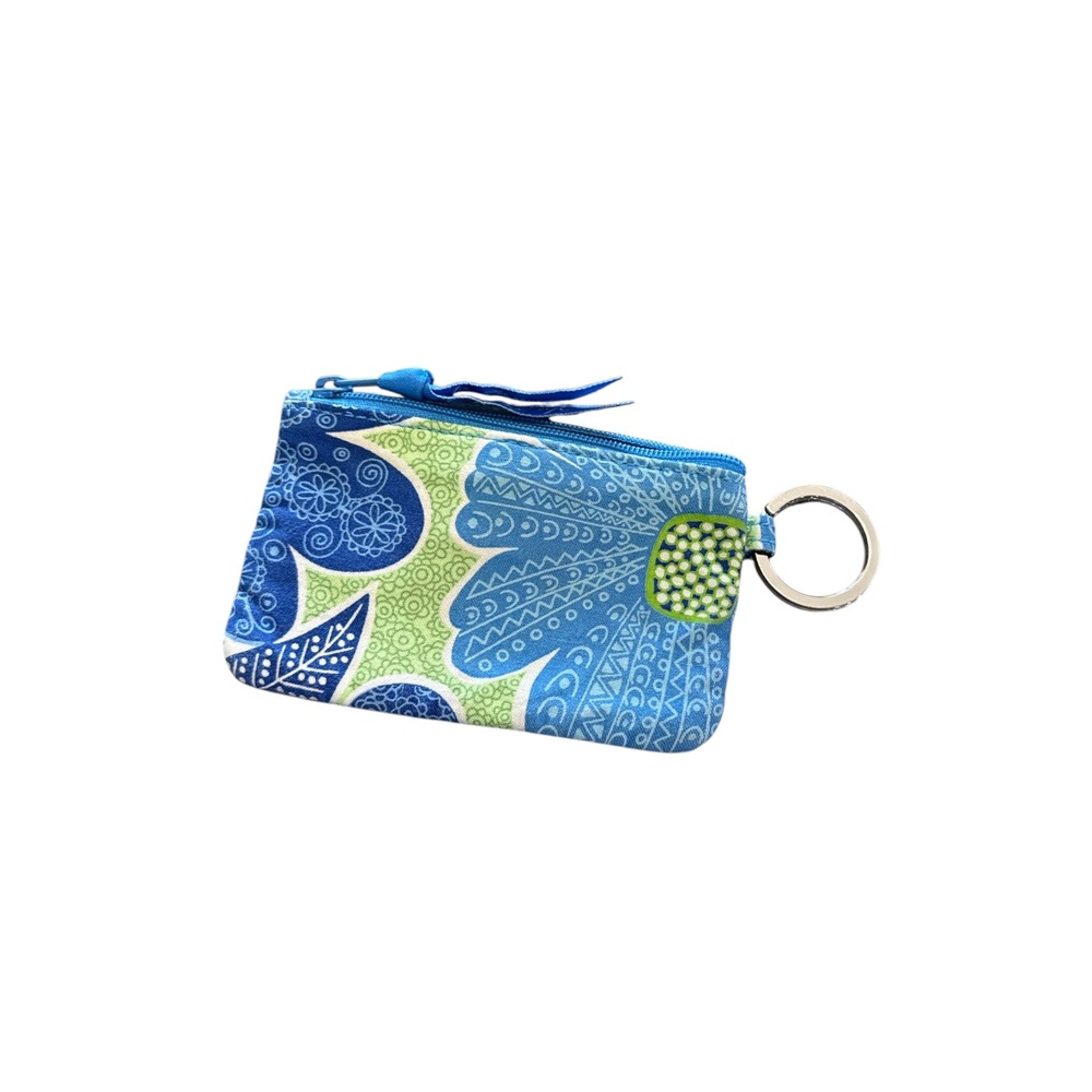 Vera Bradley Doodle Daisy Zip ID Case Quilted Cotton Wallet Keychain Card Holder
